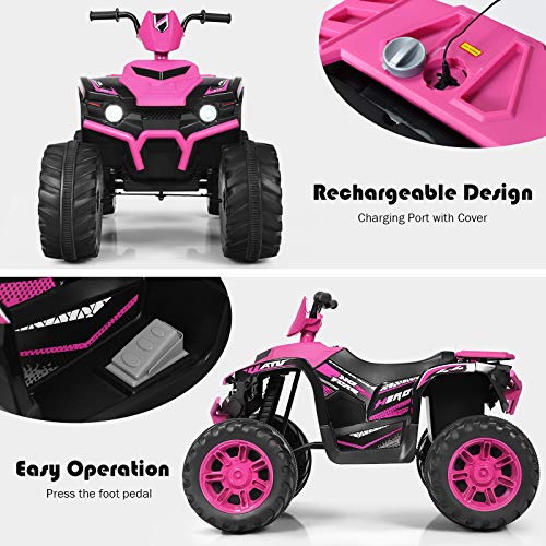 Costzon Kids ATV, 12V Battery Powered Electric Vehicle w/LED Lights, High & Low Speed, Horn, Music, USB, Treaded Tires, Ride on Car 4 Wheeler Quad for Boys & Girls Gift, Ride on ATV (Pink)