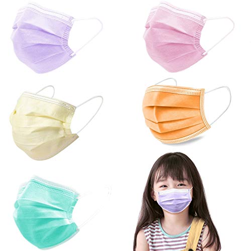 50 Pcs Individual Package Kids Disposable Face Masks,3 Layers Multicolored Facial Masks with Adjustable Elastic Ear Loop Respirator Safety Mouth Masks