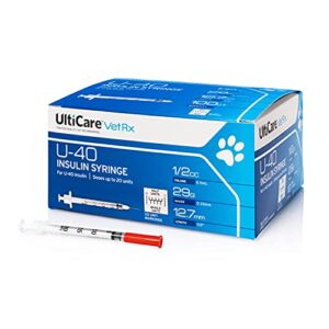 ulticare vetrx u-40 pet insulin syringes, comfortable and accurate dosing of insulin for pets, compatible with any u-40 strength insulin, size: 1/2cc, 29g x ½’’, with half unit markings, 100 ct box