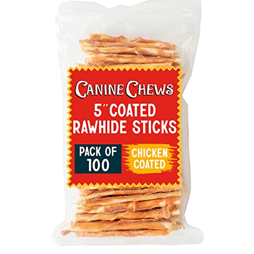 Canine Chews 5" Chicken Slurry Sticks - Pack of 100 Chicken Wrapped Rawhide Dog Treats - 100% Real USA-Sourced Chicken Coating - Protein-Dense Chicken Wrapped Dog Treats Rawhide Chews