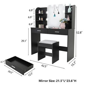 usikey Vanity Desk with Mirror & Lights for Mother's Day, Makeup Vanity Table with 2 Drawers, 6 Storage Shelves & 10 Light Bulbs, Large Vanity Table Set with Stool for Women Girls, Bedroom, Black