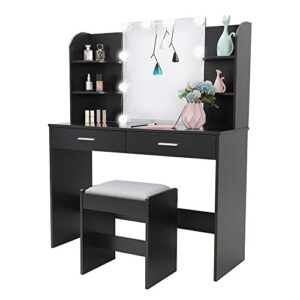 usikey Vanity Desk with Mirror & Lights for Mother's Day, Makeup Vanity Table with 2 Drawers, 6 Storage Shelves & 10 Light Bulbs, Large Vanity Table Set with Stool for Women Girls, Bedroom, Black