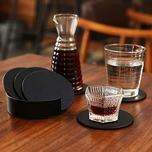 KEMMPER Drink Coasters Set of 6 Leather Coasters Spill Protection for Table Desk,Durable and Non Slip Leather Coaster Perfect for Common Size Glass Coffee Cup & Mug,4 Inches(Round Black Coasters)