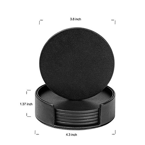 KEMMPER Drink Coasters Set of 6 Leather Coasters Spill Protection for Table Desk,Durable and Non Slip Leather Coaster Perfect for Common Size Glass Coffee Cup & Mug,4 Inches(Round Black Coasters)