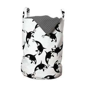 lunarable orca laundry bag, grampus killer whale repeating pattern in doodle on plain backdrop print, hamper basket with handles drawstring closure for laundromats, 13" x 19", charcoal grey and white