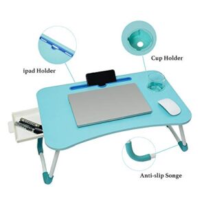 Foldable Laptop Lap Desk, Portable Computer Bed Table Tray with Phone Stand and Cup Holder for Sofa Couch Breakfast Dining (Drawer Blue)