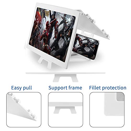 12'' Screen Magnifier – Mobile Phone 3D Magnifier Projector Screen for Movies, Videos, and Gaming – Full Coverage Foldable Phone Stand with Screen Amplifier – Supports All Smartphones (White)