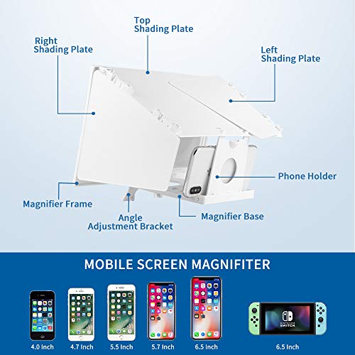 12'' Screen Magnifier – Mobile Phone 3D Magnifier Projector Screen for Movies, Videos, and Gaming – Full Coverage Foldable Phone Stand with Screen Amplifier – Supports All Smartphones (White)