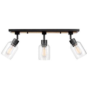 globe electric 59798 25" 3-light track lighting, faux wood finish, matte black accents, clear glass shades, track ceiling light, track lighting kit, vintage, ceiling light fixture, home improvement