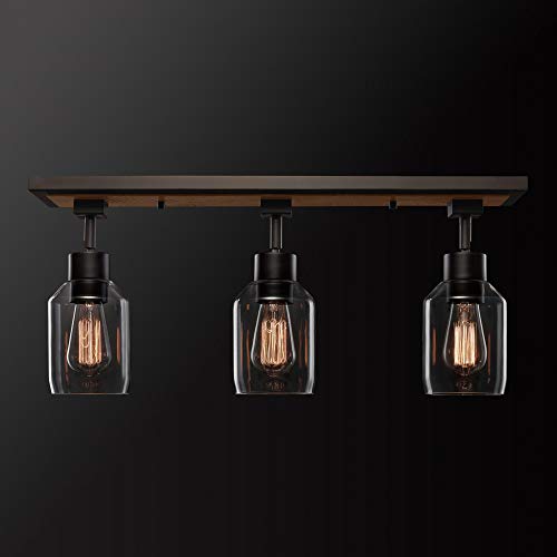 Globe Electric 59798 25" 3-Light Track Lighting, Faux Wood Finish, Matte Black Accents, Clear Glass Shades, Track Ceiling Light, Track Lighting Kit, Vintage, Ceiling Light Fixture, Home Improvement