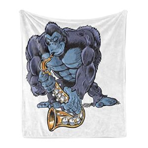 lunarable gorilla throw blanket, muscular build cartoon mammal monkey playing saxophone jazz musiciannimal, flannel fleece accent piece soft couch cover for adults, 50" x 70", multicolor