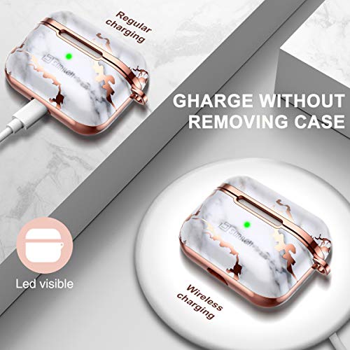 SURITCH Compatible with AirPods Pro Case, [Front LED Visible] Cute Marble Full Body Protection Slim Shockproof Rugged Protective Case Cover with Lanyard for AirPods Pro (White Marble)
