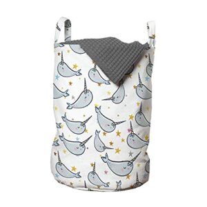 ambesonne narwhal laundry bag, unicorn of the oceans pattern in cartoon style composition colorful design, hamper basket with handles drawstring closure for laundromats, 13" x 19", grey gold