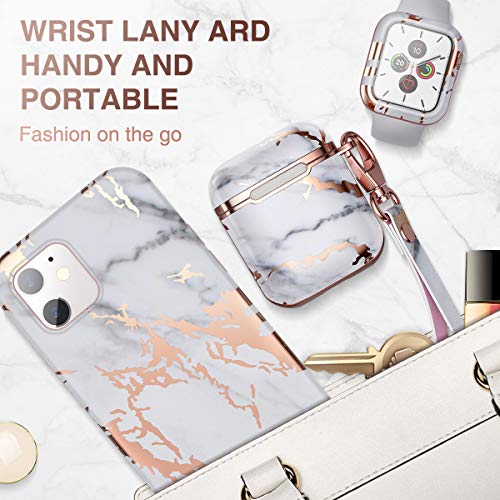 SURITCH Compatible with AirPods Case, [Front LED Visible] Cute Marble Full Body Protection Slim Shockproof Rugged Protective Case Cover with Lanyard for AirPods 1st/2nd (White Marble)