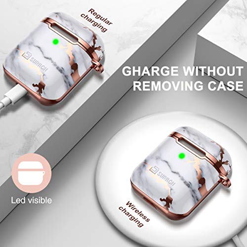 SURITCH Compatible with AirPods Case, [Front LED Visible] Cute Marble Full Body Protection Slim Shockproof Rugged Protective Case Cover with Lanyard for AirPods 1st/2nd (White Marble)