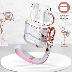 SURITCH Compatible with AirPods Case, [Front LED Visible] Cute Marble Full Body Protection Slim Shockproof Rugged Protective Case Cover with Lanyard for AirPods 1st/2nd (White Marble)