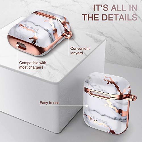 SURITCH Compatible with AirPods Case, [Front LED Visible] Cute Marble Full Body Protection Slim Shockproof Rugged Protective Case Cover with Lanyard for AirPods 1st/2nd (White Marble)