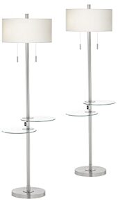 possini euro design concierge modern floor lamps 63" tall set of 2 with double tray table usb charging port brushed nickel drum shades decor for living room reading house bedroom home