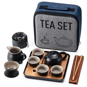 mini travel kung fu tea pot cup set with tray - portable chinese ceramic porcelain teapot infuser gift bag all in one for business hotel outdoor picnic