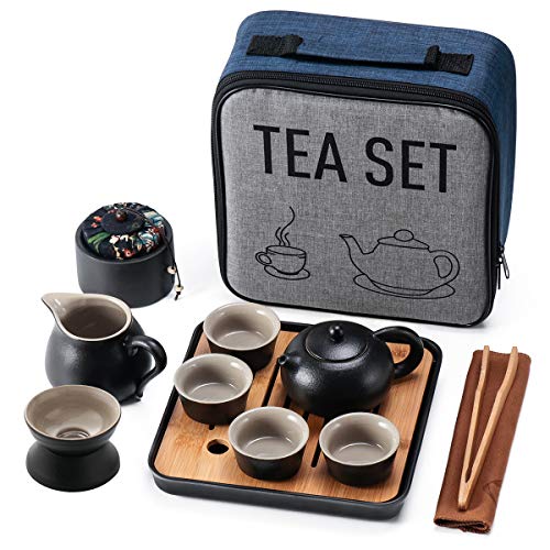 Mini Travel Kung Fu Tea Pot Cup Set with Tray - Portable Chinese Ceramic Porcelain Teapot Infuser Gift Bag All in One for Business Hotel Outdoor Picnic