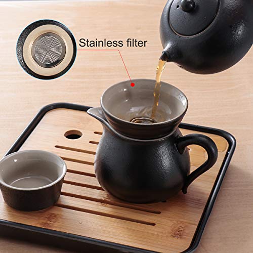 Mini Travel Kung Fu Tea Pot Cup Set with Tray - Portable Chinese Ceramic Porcelain Teapot Infuser Gift Bag All in One for Business Hotel Outdoor Picnic