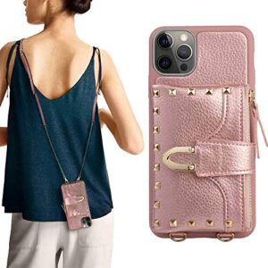 zve iphone 12 and iphone 12 pro wallet case,iphone 12 pro/iphone 12 case with zipper card slot holder crossbody shoulder chain leather handbag purse for apple iphone 12 pro/iphone 12 6.1" - rose gold