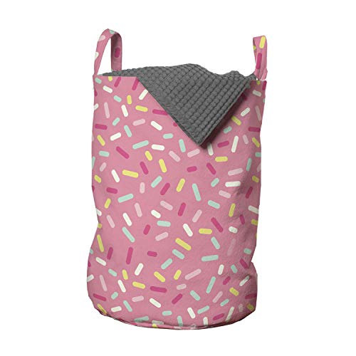 Ambesonne Pink and White Laundry Bag, Abstract Pattern of Colorful Donut Sprinkles Tasty Food Bakery Theme, Hamper Basket with Handles Drawstring Closure for Laundromats, 13" x 19", Pink Yellow