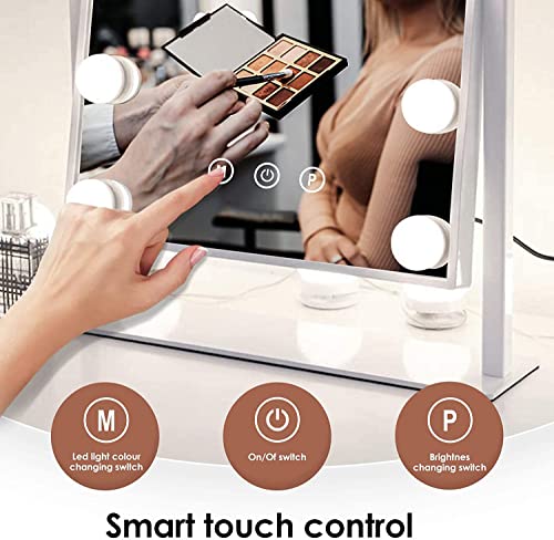 WEILY Hollywood Vanity Mirror with Lights,Large Lighted Makeup Mirror with 3 Color Light & 12 Dimmable Led Bulbs,Smart Lighted Touch Control Screen & 360 Degree Rotation(White)