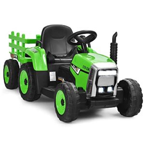 honey joy ride on tractor with trailer, toddler 3-gear-shift ground loader, led lights, horn, music, 12v battery powered electric toy tractor with remote control (green)