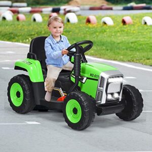 HONEY JOY Ride On Tractor with Trailer, Toddler 3-Gear-Shift Ground Loader, LED Lights, Horn, Music, 12V Battery Powered Electric Toy Tractor with Remote Control (Green)