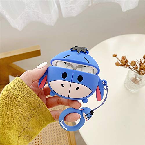 Ultra Thick Soft Silicone Case with Finger Ring Holder for Apple AirPods 1 2 1st 2nd Generation Blue Donkey Eeyore Anime Animal 3D Character Adorable Cute Lovely Fun Funny Women Girls Boys Protective