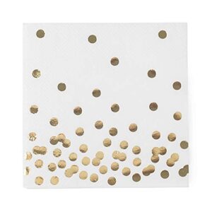 80 pack of white paper cocktail napkins with gold foil polka dot confetti，polka dot party supplies(5 x 5 in，3-ply) (gold)