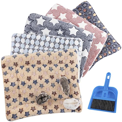 MEWTOGO 5 PCS Rabbit Guinea Pig Hamster Bed Mat - Small Animal Winter Sleep Bedding Fleece Mats with Cleaning Dustpan Brush, Thickened Plush Soft Warm for Chinchilla Squirrel Hedgehog