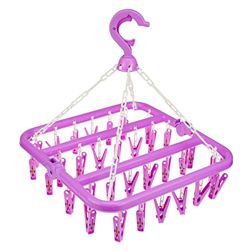 Rivama Clothes Drying Hanger with 32 Clips,Baby Clothes Drying Rack,Sock Clips for Laundry Foldable Clothes Hangers for Drying Socks,Towels,Underwear,Bras,Diapers,Baby Clothes,Gloves,Hats (Purple)