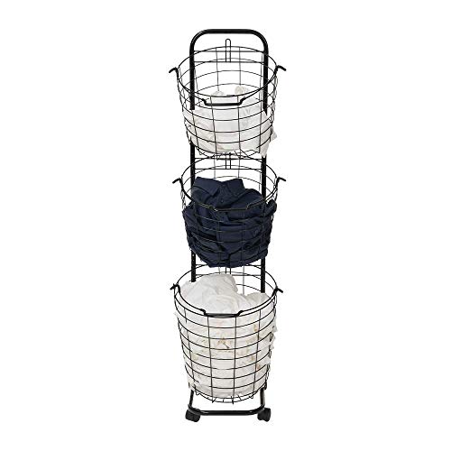 Farios 3 Tier Rolling Laundry Hamper with 3 Removable Wire Basket, Metal Sorter Storage Trolley Shelf Basket with Wheel, Tall Clothes Laundry Basket bin with Wheels-Black