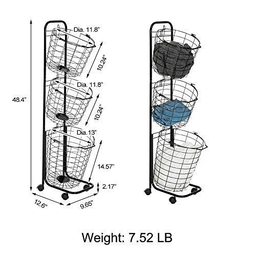 Farios 3 Tier Rolling Laundry Hamper with 3 Removable Wire Basket, Metal Sorter Storage Trolley Shelf Basket with Wheel, Tall Clothes Laundry Basket bin with Wheels-Black