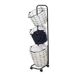 Farios 3 Tier Rolling Laundry Hamper with 3 Removable Wire Basket, Metal Sorter Storage Trolley Shelf Basket with Wheel, Tall Clothes Laundry Basket bin with Wheels-Black