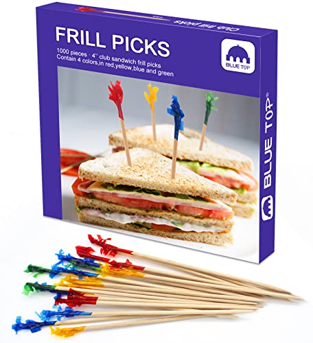 BLUE TOP Wood Frill Picks Toothpicks 4 Inch Pack 1000,Cocktail Party Toothpicks for Fruit,Appetizers,Club Sandwiches,Parties.