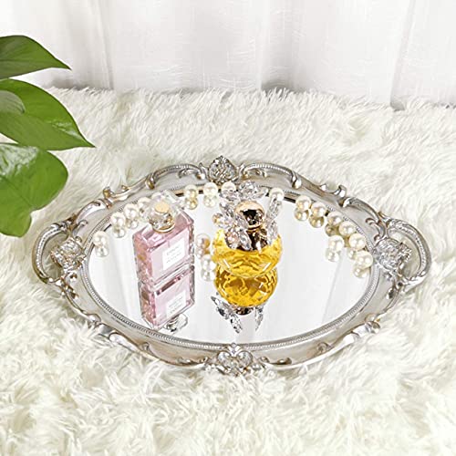 Yamfurga Oval Decorative Mirror Tray, French Style, Makeup Organizer, Jewelry Organizer, Serving Tray, 9.8"x 14.6", Golden Silver