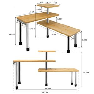 Jolitac 3 Tier Corner Shelf - Desktop Spice Storage Rack, Space Saving Organizer Bamboo Corner Bookshelf, Adjustable Display Shelves for Kitchen, Home, Office (with Hooks)