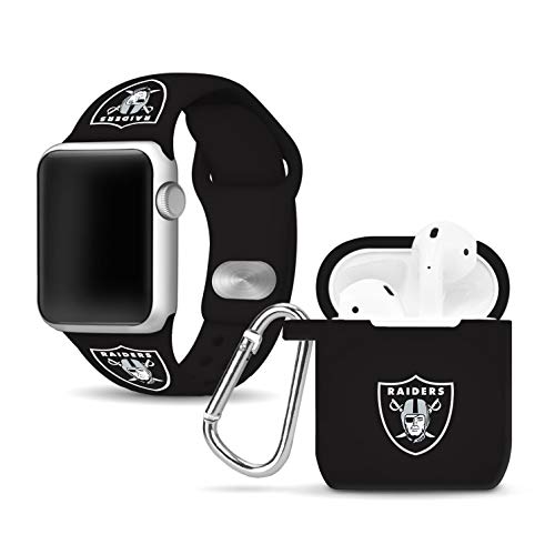 Game Time Las Vegas Raiders Silicone Watch Band and Case Cover Combo Package Compatible with Apple Watch and AirPods Gen 1 & 2 (42/44/45mm Black/Black)