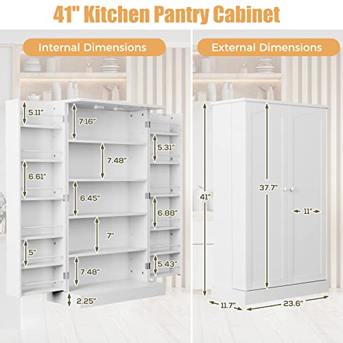 JEROAL Wooden Pantry Cabinet, Kitchen Storage Pantry Cabinet Organizer, Dining Room Entryway Floor Farmhouse Storage Cabinet with Doors and Shelves, White