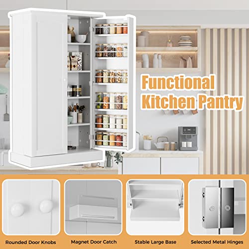 JEROAL Wooden Pantry Cabinet, Kitchen Storage Pantry Cabinet Organizer, Dining Room Entryway Floor Farmhouse Storage Cabinet with Doors and Shelves, White