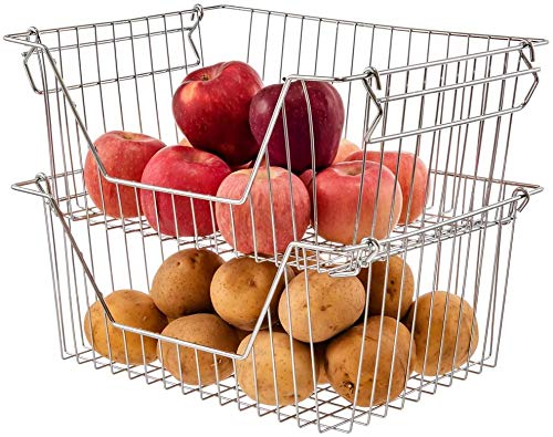 blitzlabs Stackable Wire Storage Baskets Fruit Vegetable Wire Organizing Organization Pantry Cabinet Metal Bin for Counter Bathroom Shelves Storage for Kitchen, Pantry, Freezer, Cabinet Set of 4