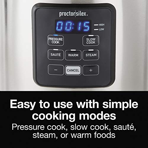 Proctor-Silex Simplicity 4-in-1 Electric Pressure Cooker, 3 Quart Multi-Function With Slow Cook, Steam, Sauté, Rice, Stainless Steel (34503)