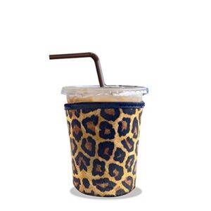 pufivewr reusable iced coffee cup insulator sleeve for cold beverages and neoprene holder for starbucks coffee, mcdonalds, dunkin donuts, more (leopard, 16oz - 18oz)