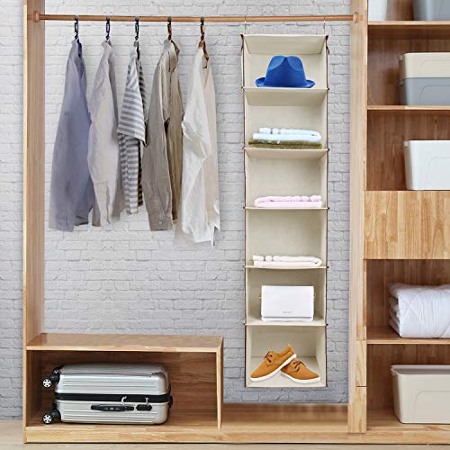 Univivi 6 Layer Closet Organizers and Storage, Hanging Shelves for Closet with 6 Side Pockets, Hanging Closet Shelves, Hanging Shoes Closet Sweater Organizer for Closet- Beige