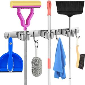 mop and broom holder wall mount, sullwaker 3 position with 4 hooks can hold 7 tools stainless steel broom organizer wall mount, storage hook suitable for home, kitchen, bathroom, garage 1 pack