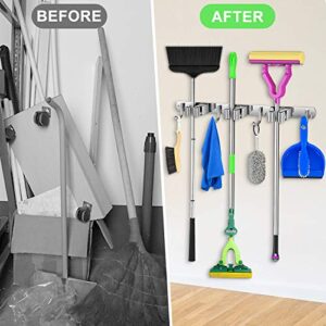 Mop and Broom Holder Wall Mount, SullWaker 3 Position with 4 Hooks Can Hold 7 Tools Stainless Steel Broom Organizer Wall Mount, Storage Hook Suitable for Home, Kitchen, Bathroom, Garage 1 Pack