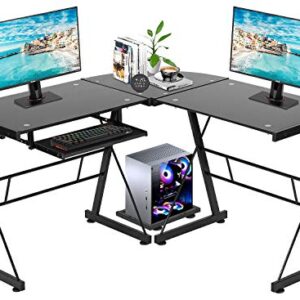 FDW Computer Desk Gaming Desk L Shaped Corner Desk Home Office Writing Workstation Toughened Glass Study Keyboard CPU Stand PC Modern Table for Small Spaces,Black